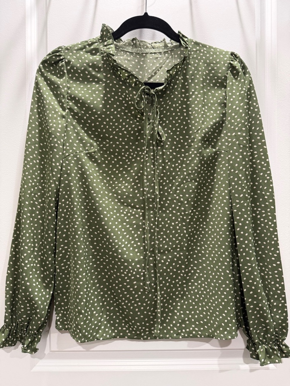 SHEIN Olive Green Polka Dot Tie-Neck Ruffle Blouse